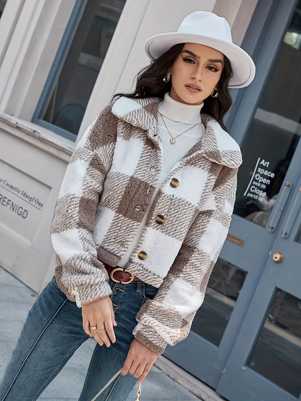 Luna Checkered Teddy Jacket - Warmth and Style for Women