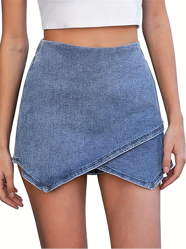 Ladies Denim Skirt with Asymmetrical Hem and Snowflake Pattern – Skirt and Shorts Combination