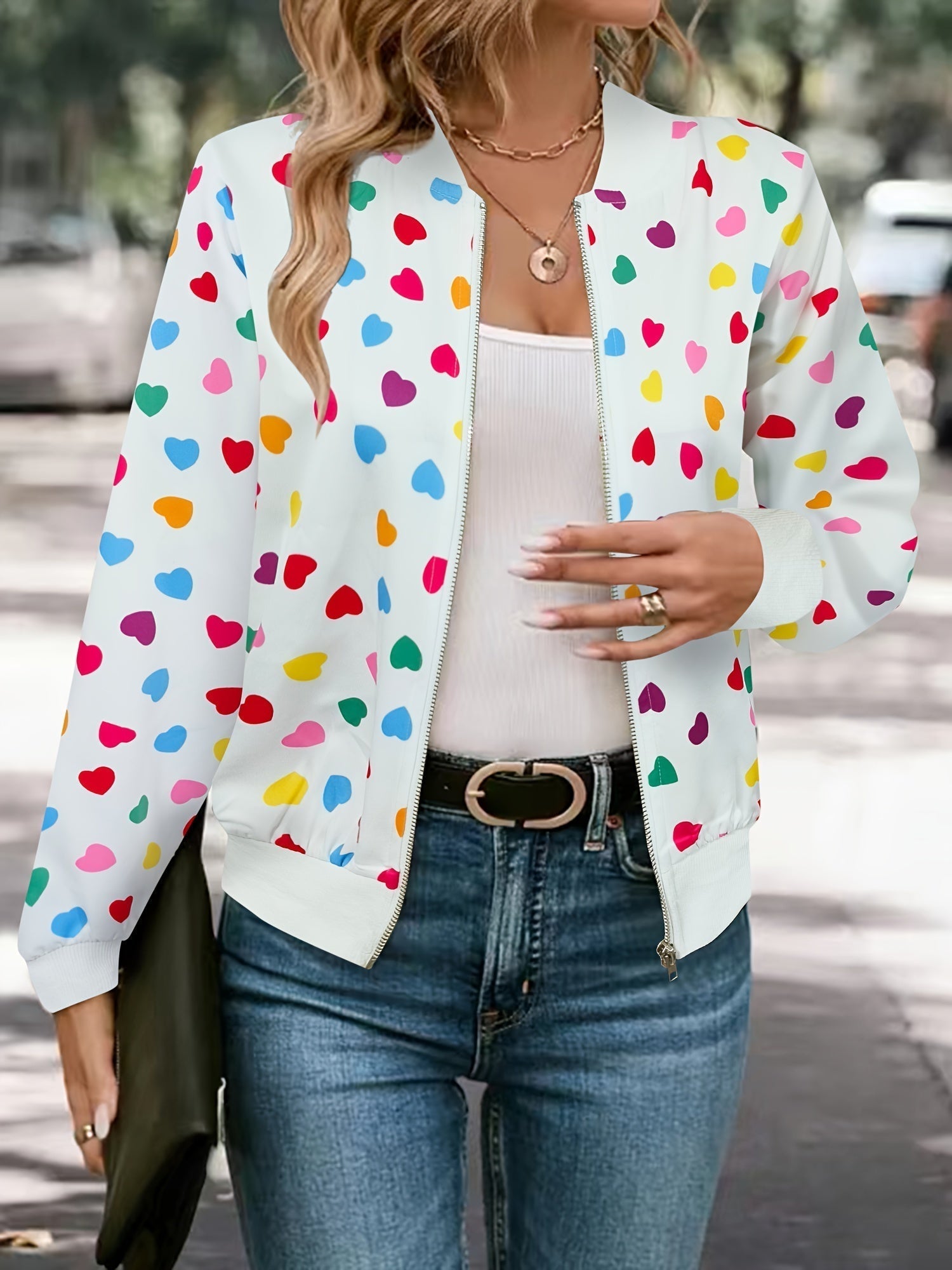Joyful Hearts Bomber Jacket – Stylish and Comfortable Zip-up Jacket for Spring and Autumn