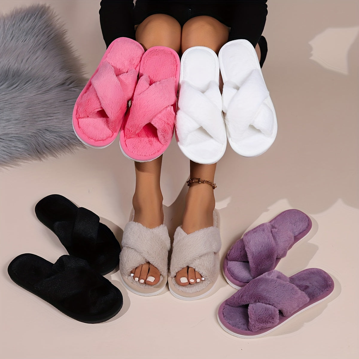 Fleur Fuzzy Slippers for Women - Comfortable and Warm for Home