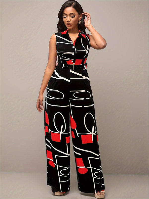 Elegant Geometric Printed Jumpsuit – Wide Legs and Belt for Parties and Casual Wear
