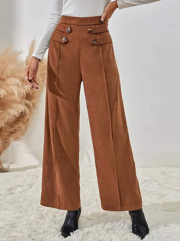 Elegant High Waist Trouser with Button Detail – Women's Wide Leg Pants for Spring and Autumn