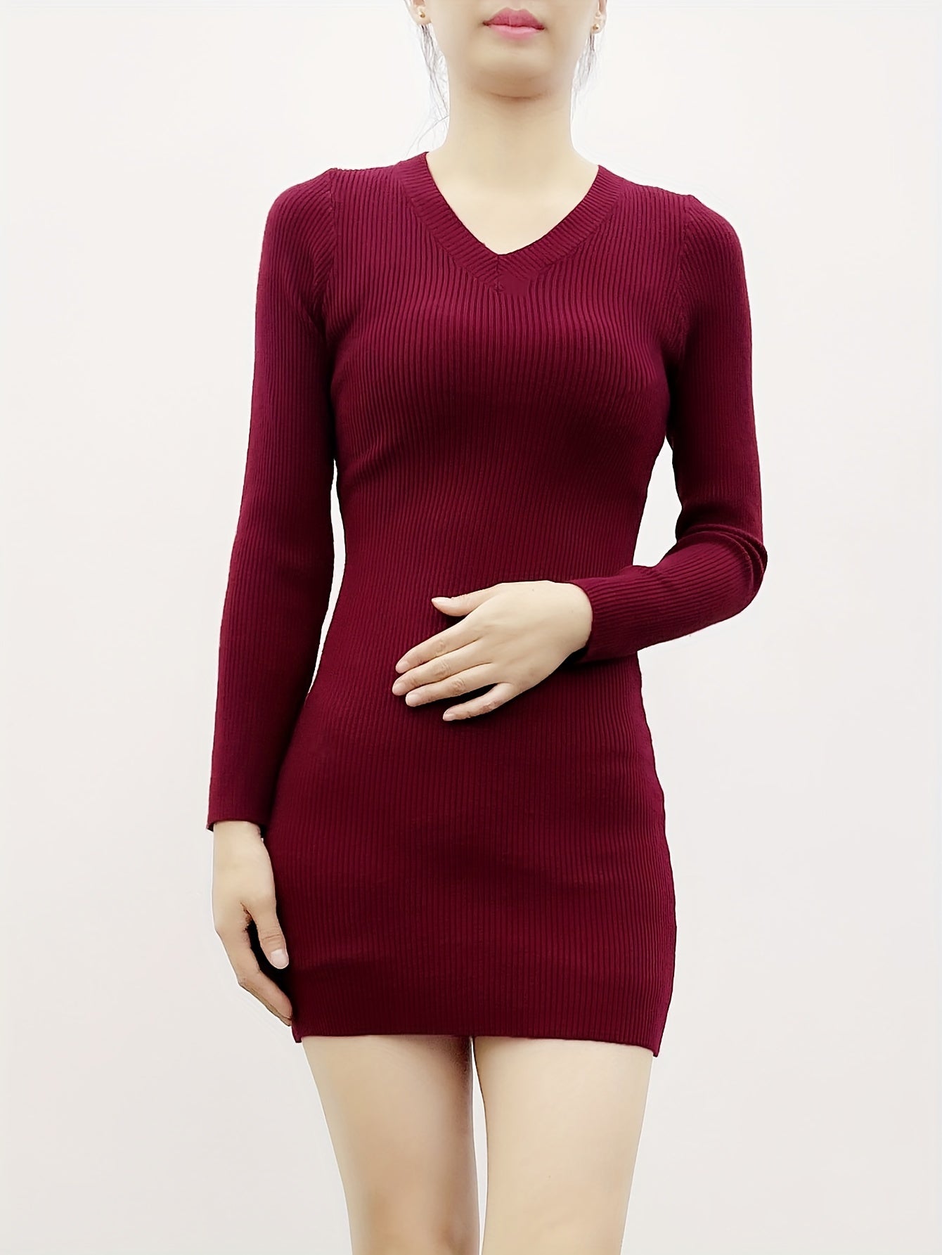 Eva Ribbed Sweater Dress - Elegant V-Neck for Autumn and Winter