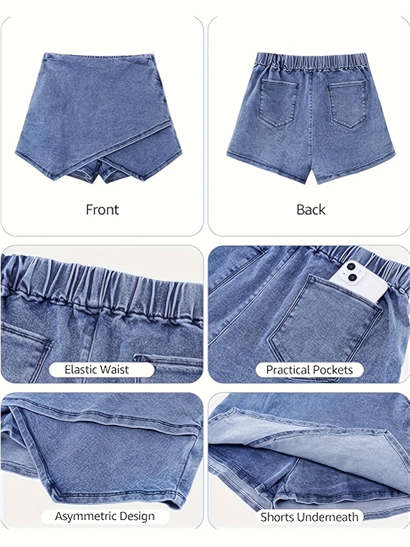 Ladies Denim Skirt with Asymmetrical Hem and Snowflake Pattern – Skirt and Shorts Combination