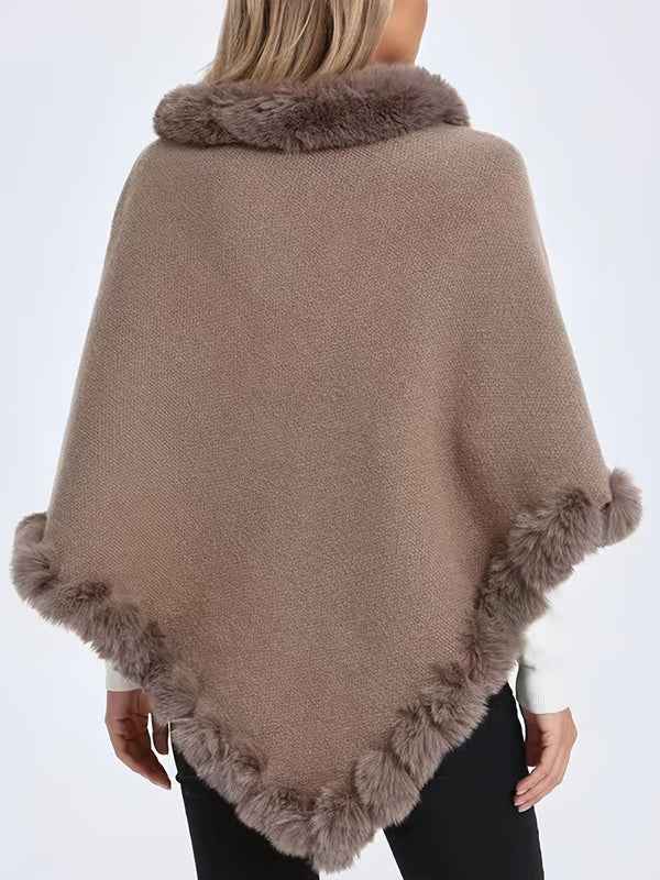 Luxury Thick Knit Turtleneck Sweater for Women - With Faux Fur Trim and Chic Pullover Cape for Winter