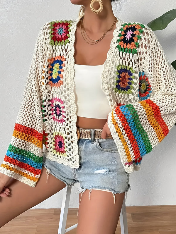 Colorful Crocheted Flower Cardigan – Stylish and Breathable for Spring and Autumn