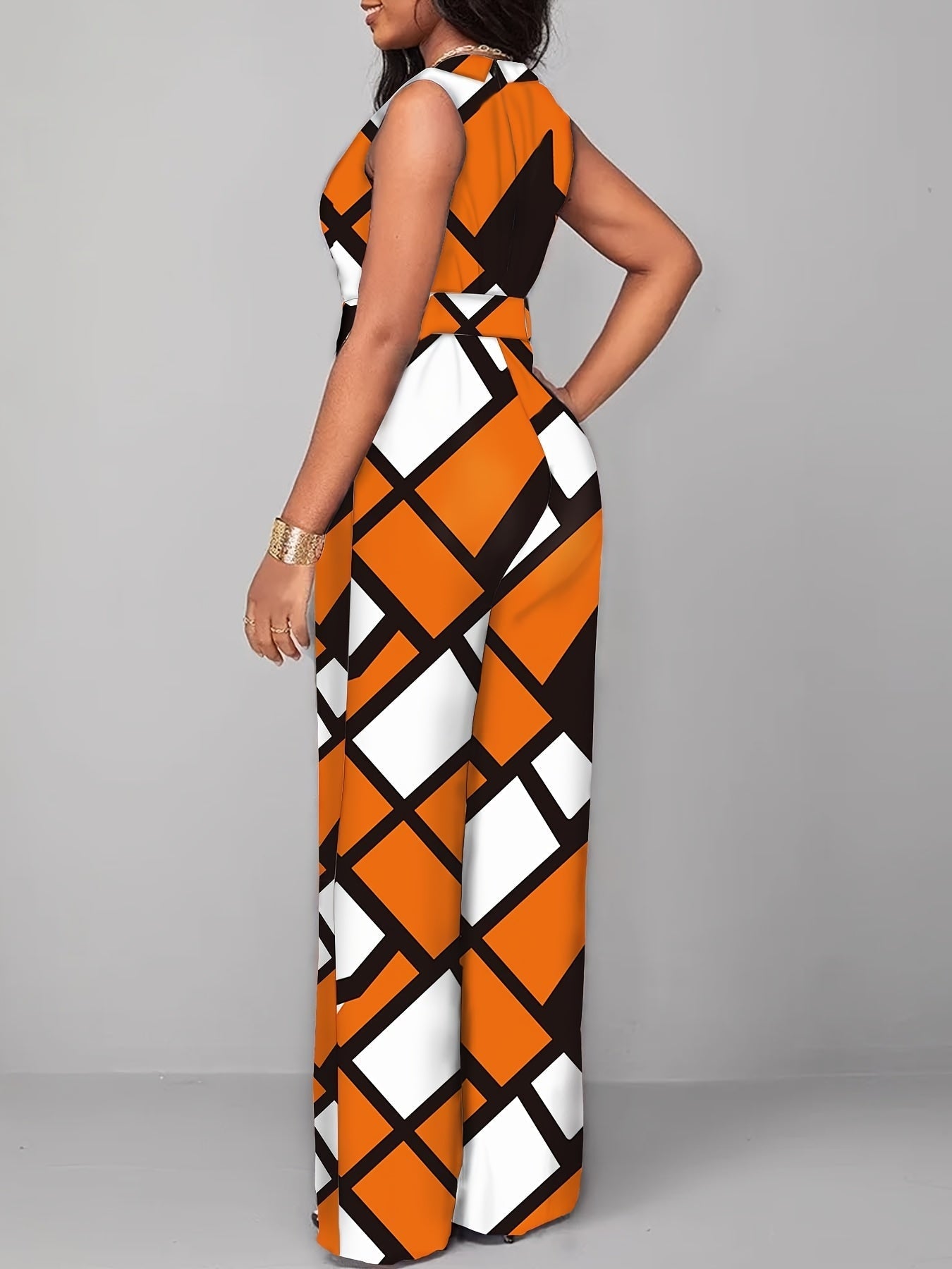 Elegant Geometric Printed Jumpsuit – Wide Legs and Belt for Parties and Casual Wear