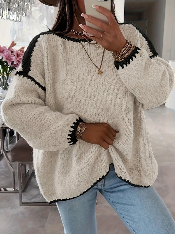 Off-The-Shoulder Color Block Sweater - Casual and Comfortable for Autumn and Winter
