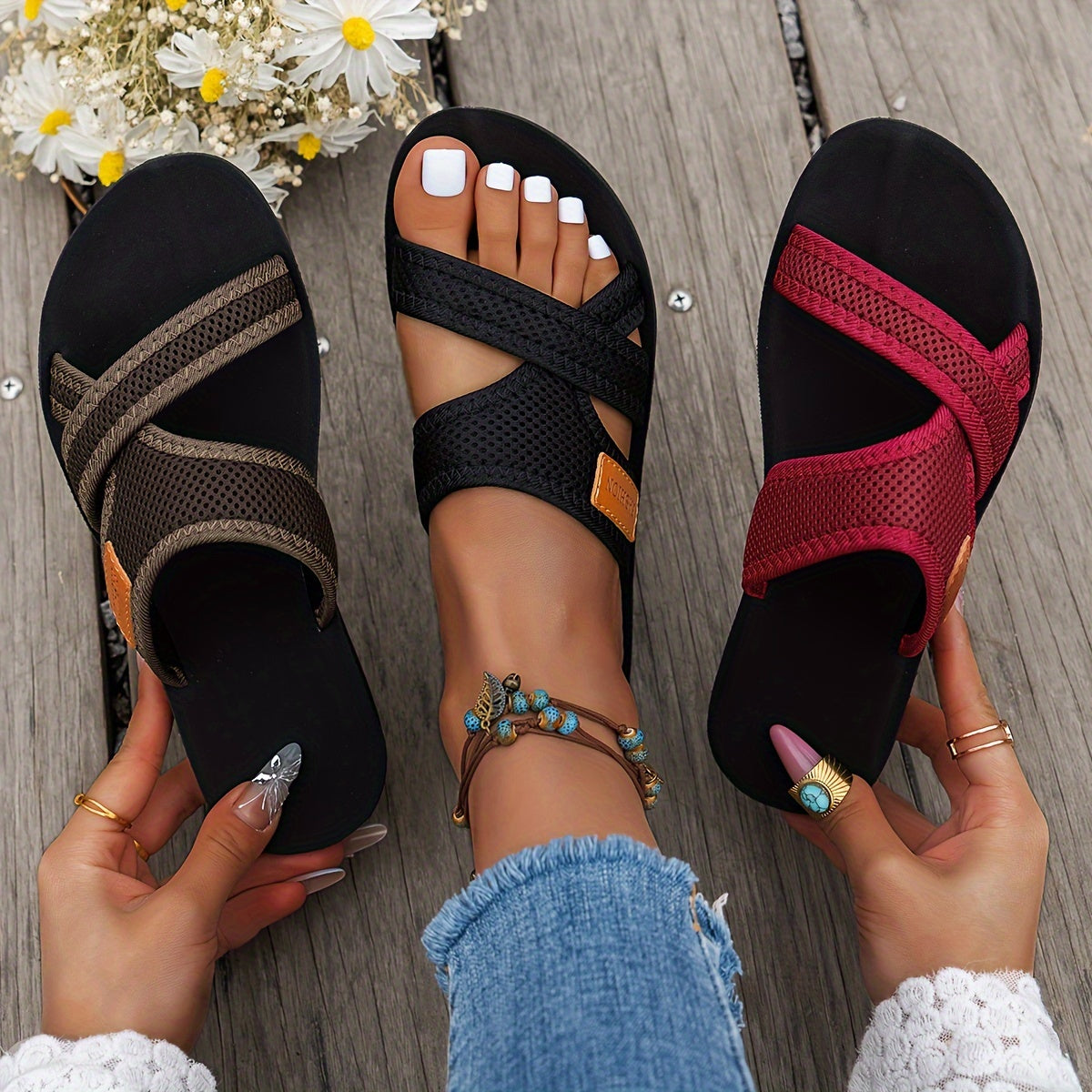 Ladies Mesh Slide Sandals – Lightweight and Breathable with Cross Straps